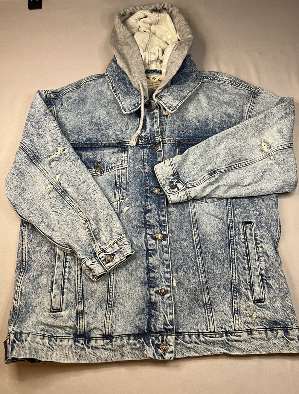 We The Free Free People Hooded Denim Jean Jacket Women SzM Oversized Distressed